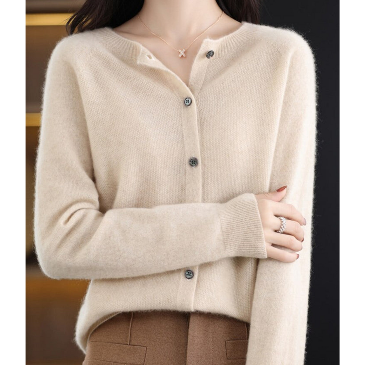 Evelyn - Women's Wool Blend Cardigan | Cozy Knit Sweater Neriona Khaki