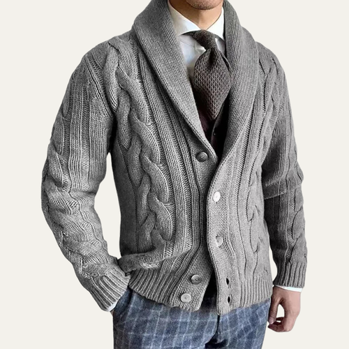 Callahan – Chunky Cable Knit Cardigan | Shawl Collar Button Front