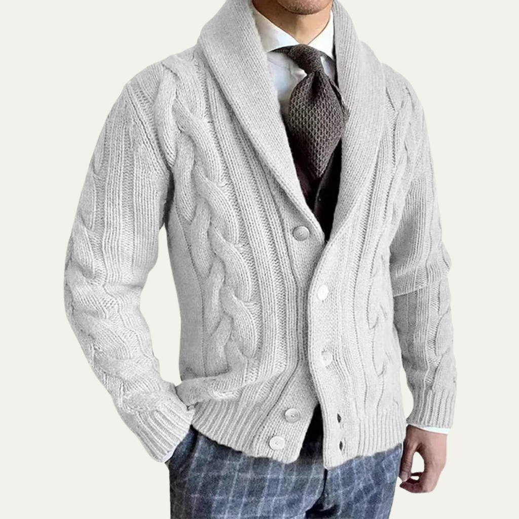 Callahan – Chunky Cable Knit Cardigan | Shawl Collar Button Front