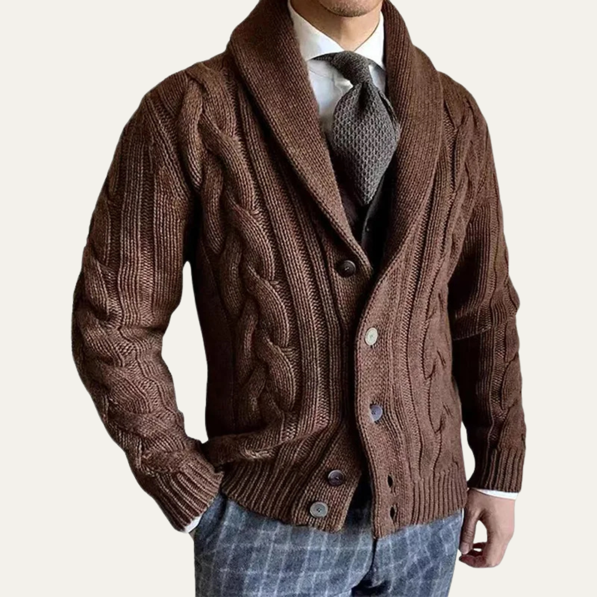 Callahan – Chunky Cable Knit Cardigan | Shawl Collar Button Front