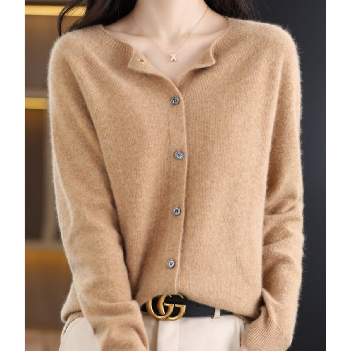 Evelyn - Women's Wool Blend Cardigan | Cozy Knit Sweater Neriona Light Brown