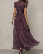 Violetta – High Neck Chiffon Maxi Dress | Lace Trim & Swing Skirt