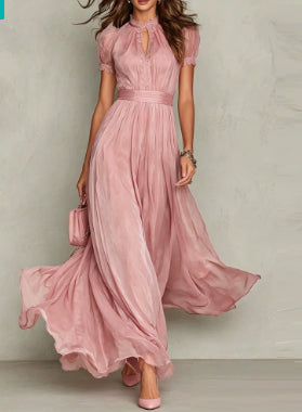 Violetta – High Neck Chiffon Maxi Dress | Lace Trim & Swing Skirt