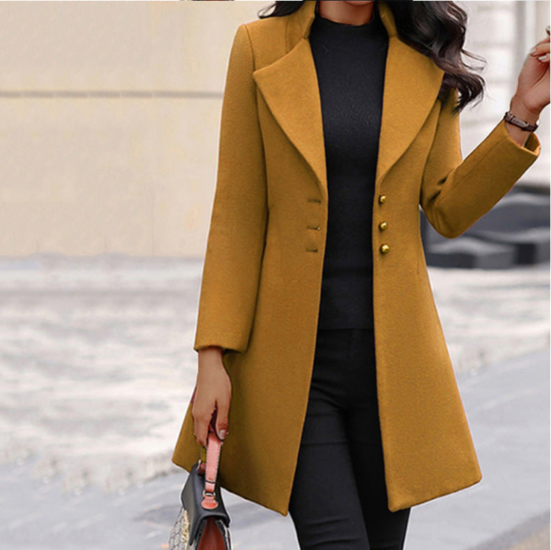 Hannah – Tailored Long Coat | Lapel Collar & Button Front for Winter