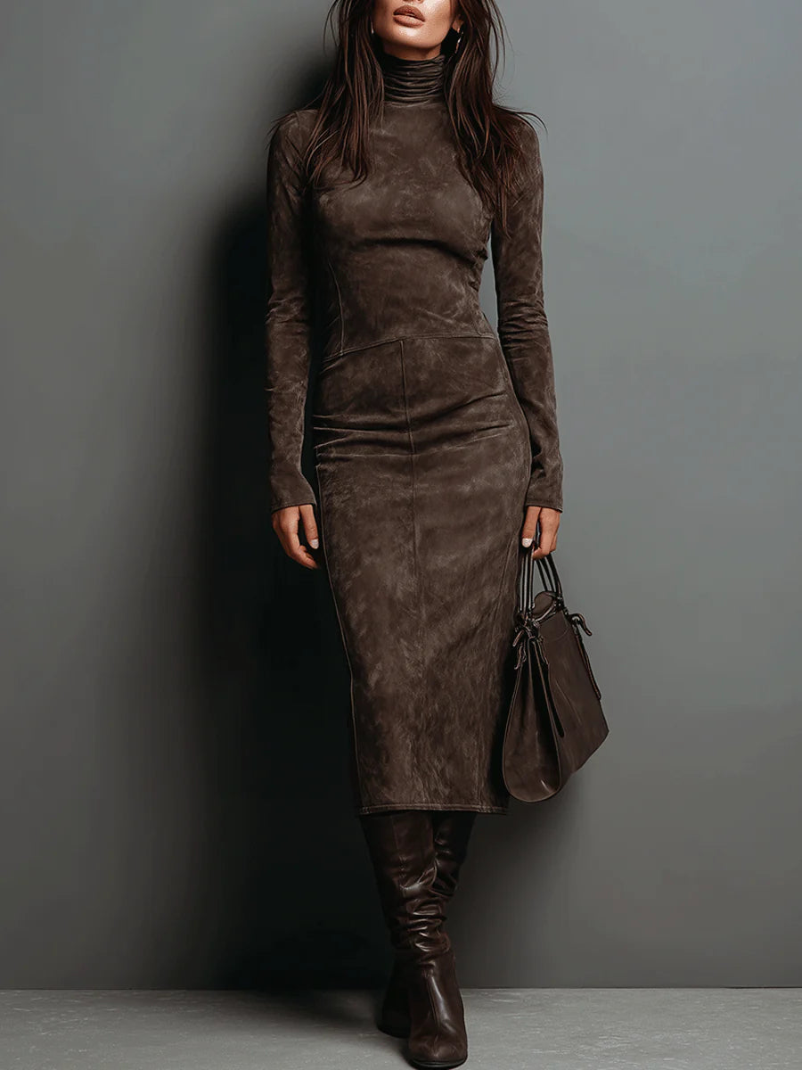 Mildred – Faux Suede High Neck Midi Dress | Long Sleeve Slim Fit