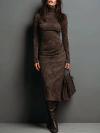Mildred – Faux Suede High Neck Midi Dress | Long Sleeve Slim Fit