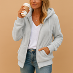 Ellis – Zip Up Hooded Fleece Cardigan | Patch Pockets & Ribbed Trim