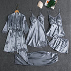 Lorelei – Lace Trim 5-Piece Pajama Set | Robe, Slip Dress & Pants
