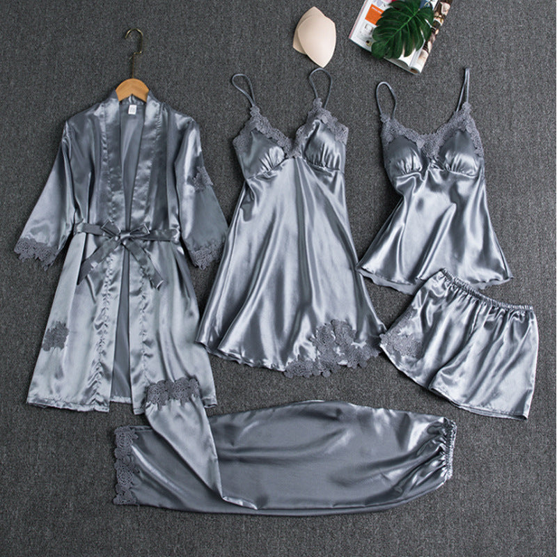 Lorelei – Lace Trim 5-Piece Pajama Set | Robe, Slip Dress & Pants