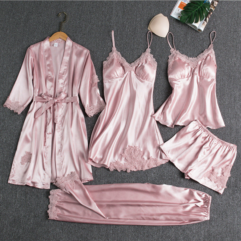 Lorelei – Lace Trim 5-Piece Pajama Set | Robe, Slip Dress & Pants