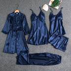 Lorelei – Lace Trim 5-Piece Pajama Set | Robe, Slip Dress & Pants