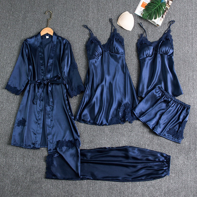 Lorelei – Lace Trim 5-Piece Pajama Set | Robe, Slip Dress & Pants