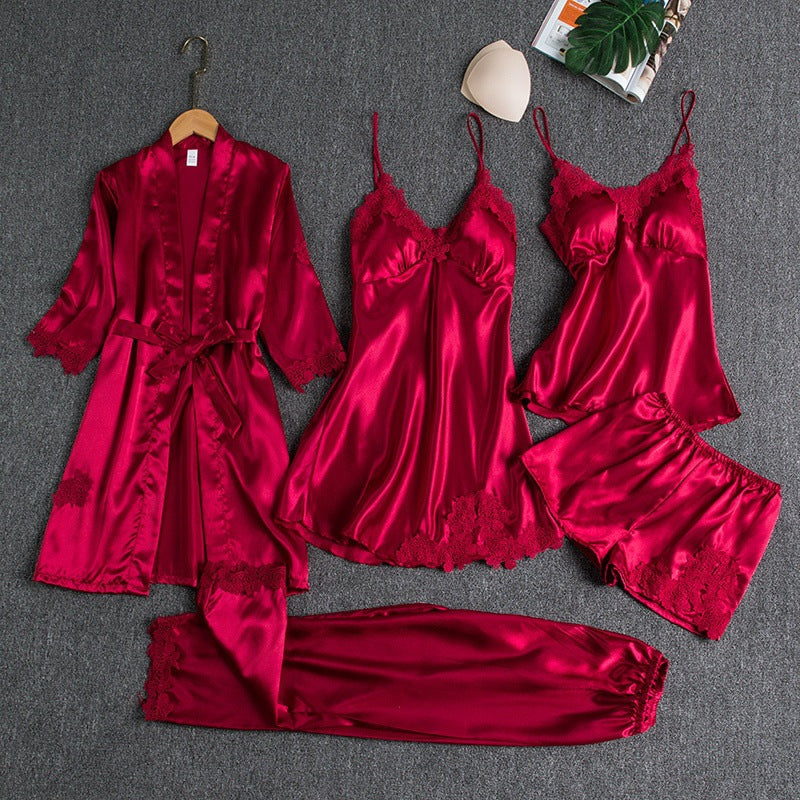 Lorelei – Lace Trim 5-Piece Pajama Set | Robe, Slip Dress & Pants