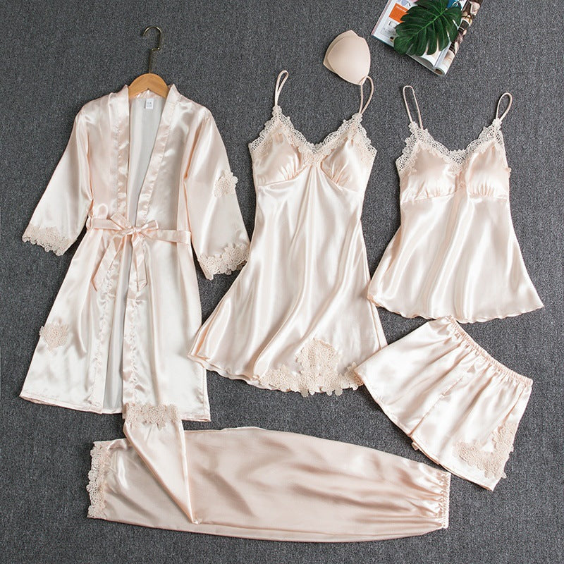 Lorelei – Lace Trim 5-Piece Pajama Set | Robe, Slip Dress & Pants