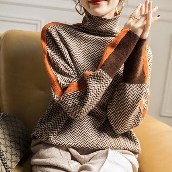 Odessa – Striped Turtleneck Sweater | Contrast Knit Pullover