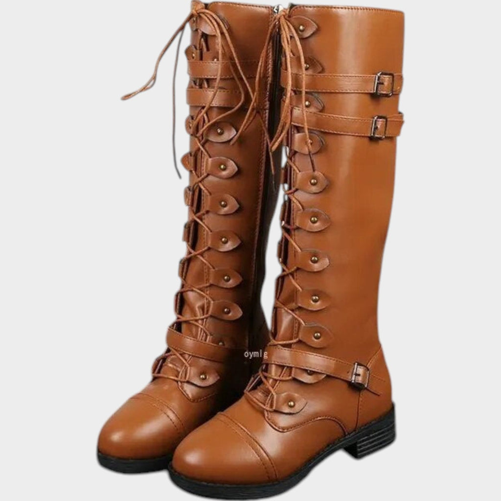 Marlowe – Lace-Up Knee High Riding Boots | Faux Leather with Buckles