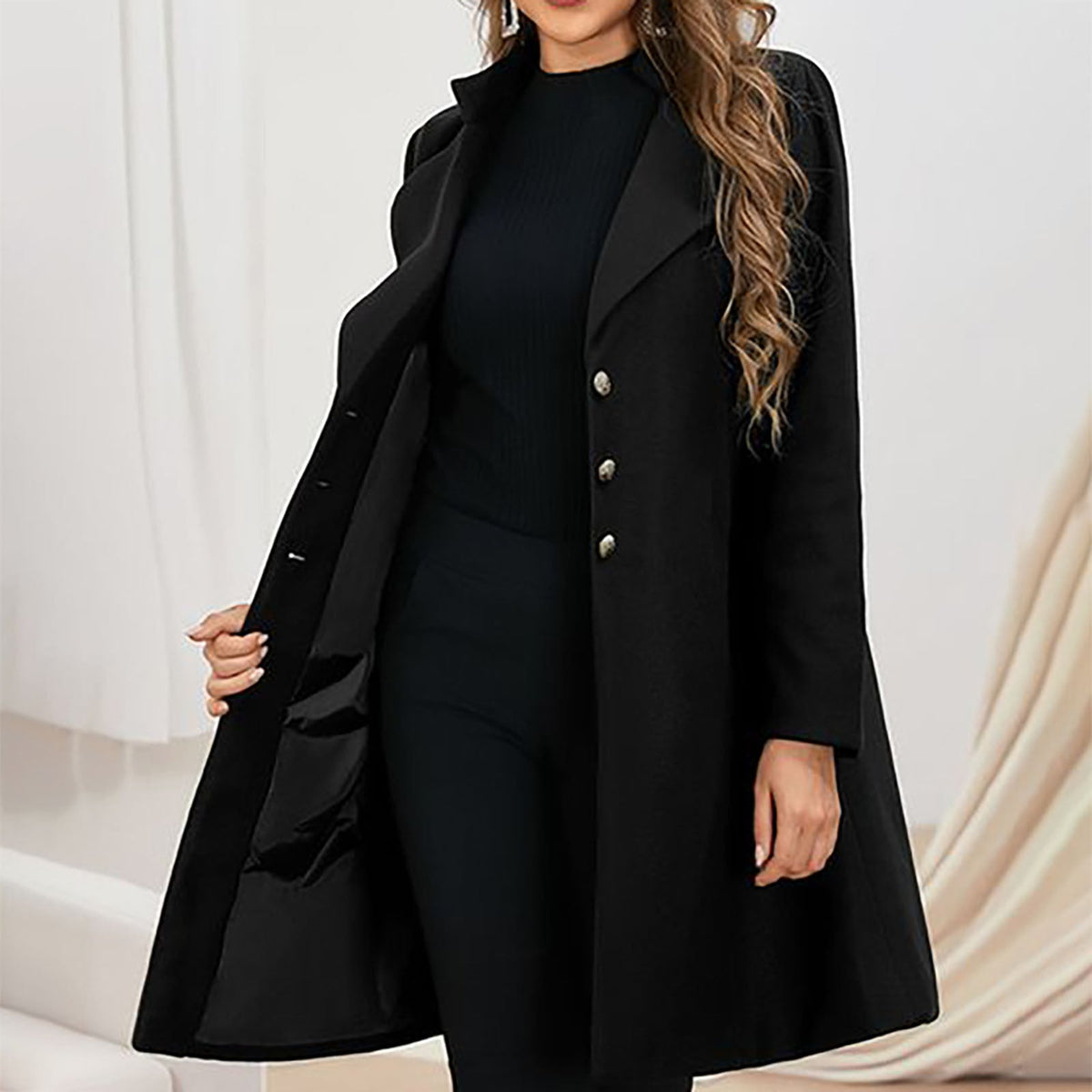 Hannah – Tailored Long Coat | Lapel Collar & Button Front for Winter