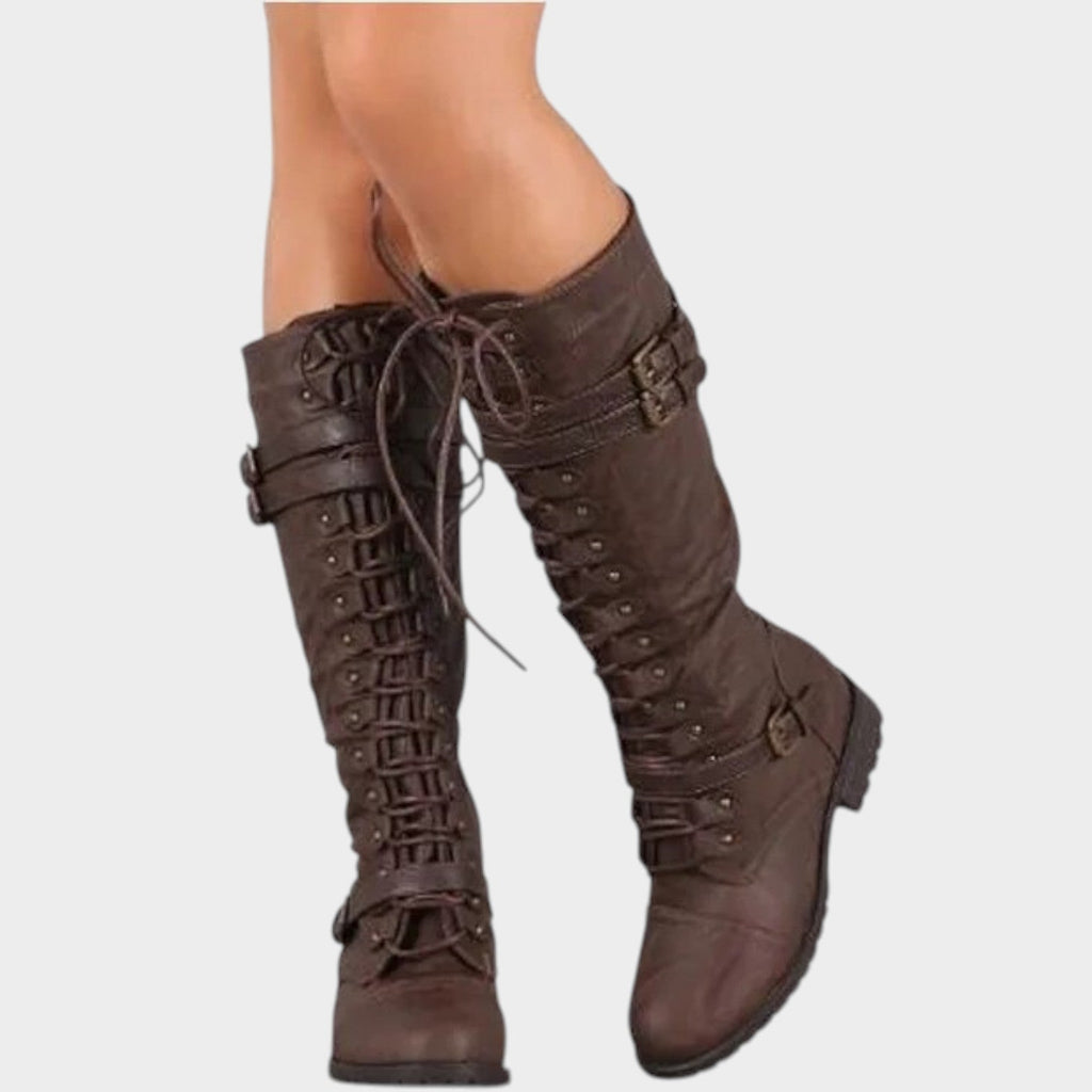 Marlowe – Lace-Up Knee High Riding Boots | Faux Leather with Buckles