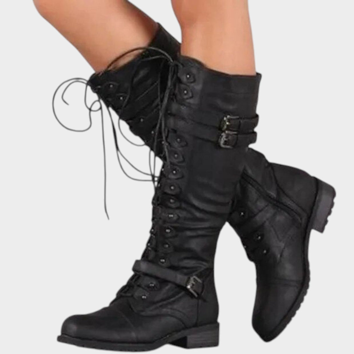 Marlowe – Lace-Up Knee High Riding Boots | Faux Leather with Buckles