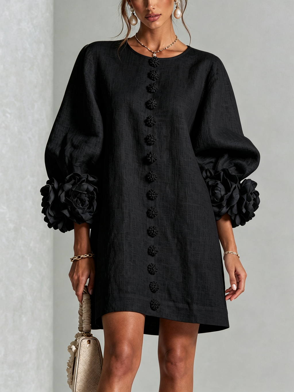 Saralyn – Puff Sleeve Mini Dress | Rose Cuffs & Button Front