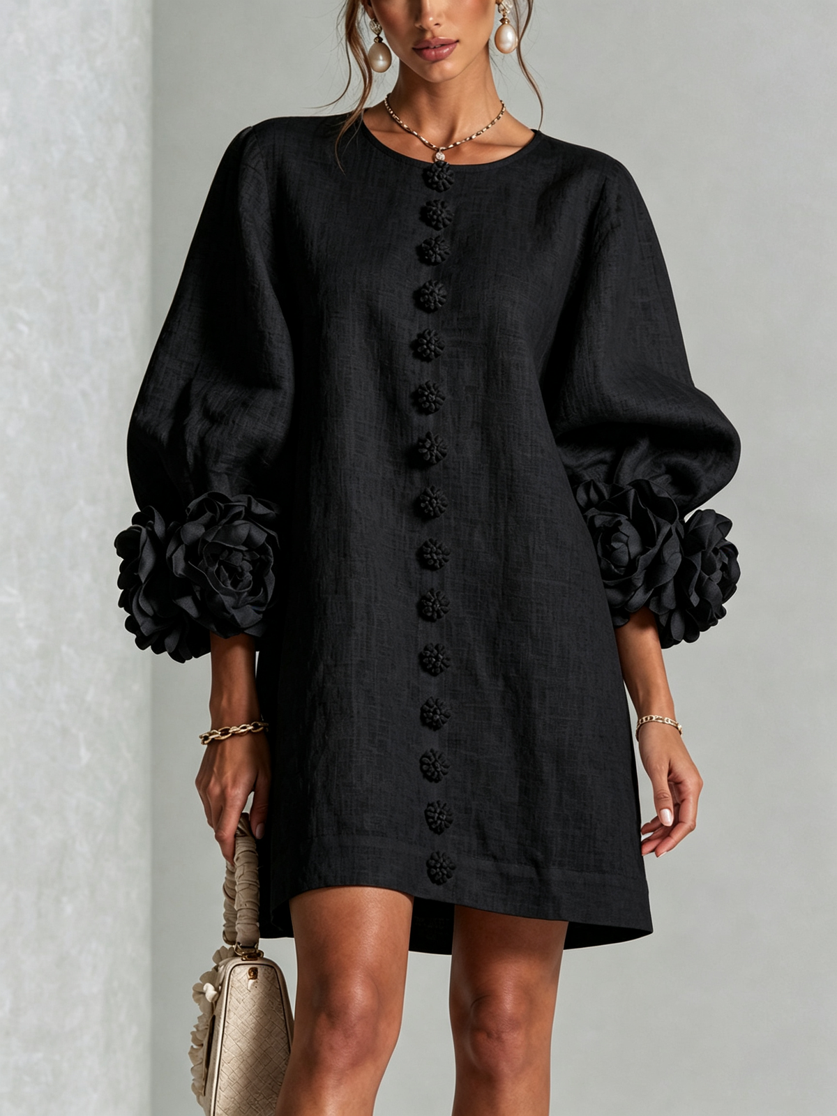 Saralyn – Puff Sleeve Mini Dress | Rose Cuffs & Button Front