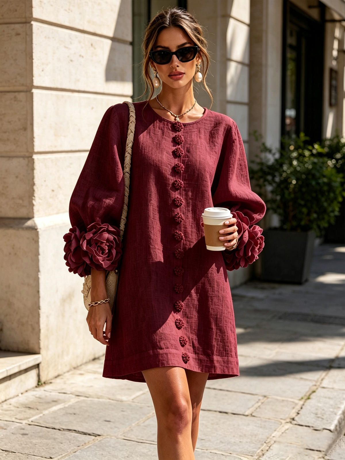 Saralyn – Puff Sleeve Mini Dress | Rose Cuffs & Button Front