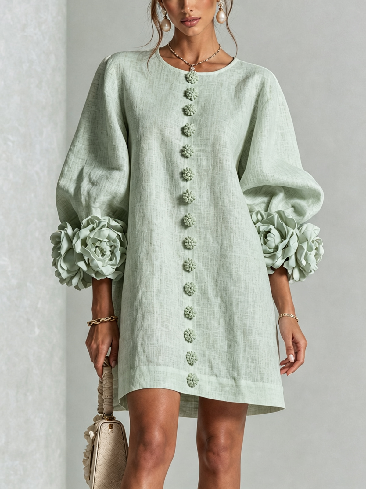Saralyn – Puff Sleeve Mini Dress | Rose Cuffs & Button Front