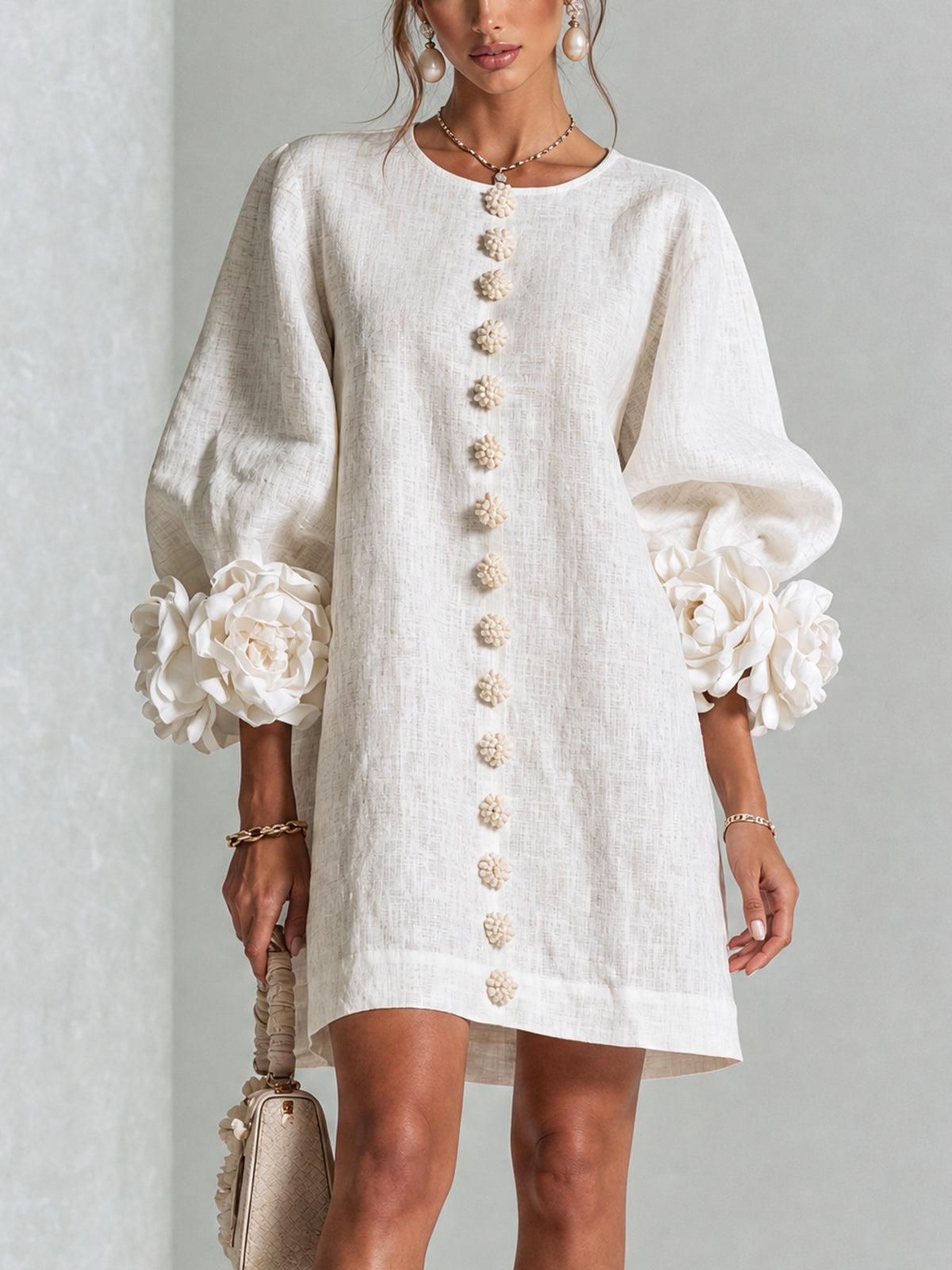 Saralyn – Puff Sleeve Mini Dress | Rose Cuffs & Button Front