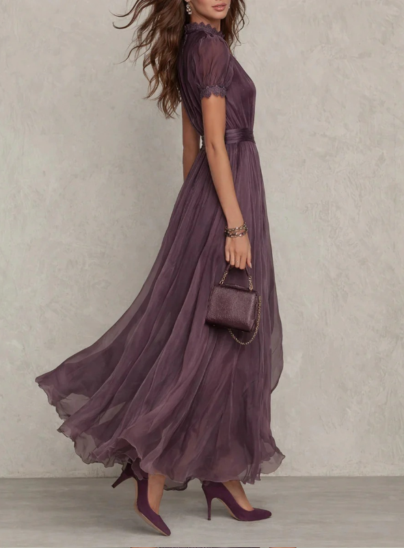 Violetta – High Neck Chiffon Maxi Dress | Lace Trim & Swing Skirt