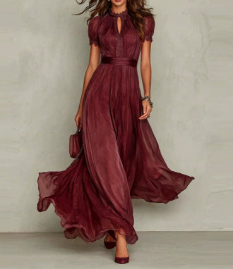 Violetta – High Neck Chiffon Maxi Dress | Lace Trim & Swing Skirt