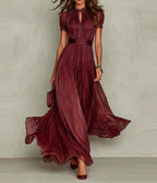 Violetta – High Neck Chiffon Maxi Dress | Lace Trim & Swing Skirt