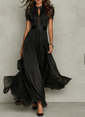 Violetta – High Neck Chiffon Maxi Dress | Lace Trim & Swing Skirt