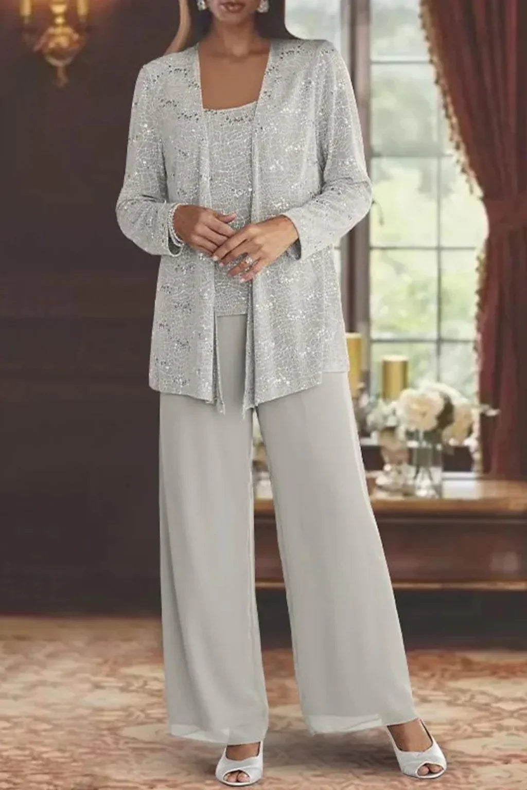 Evie – Sequin Lace Three Piece Pant Suit | Wide Leg Wedding Guest