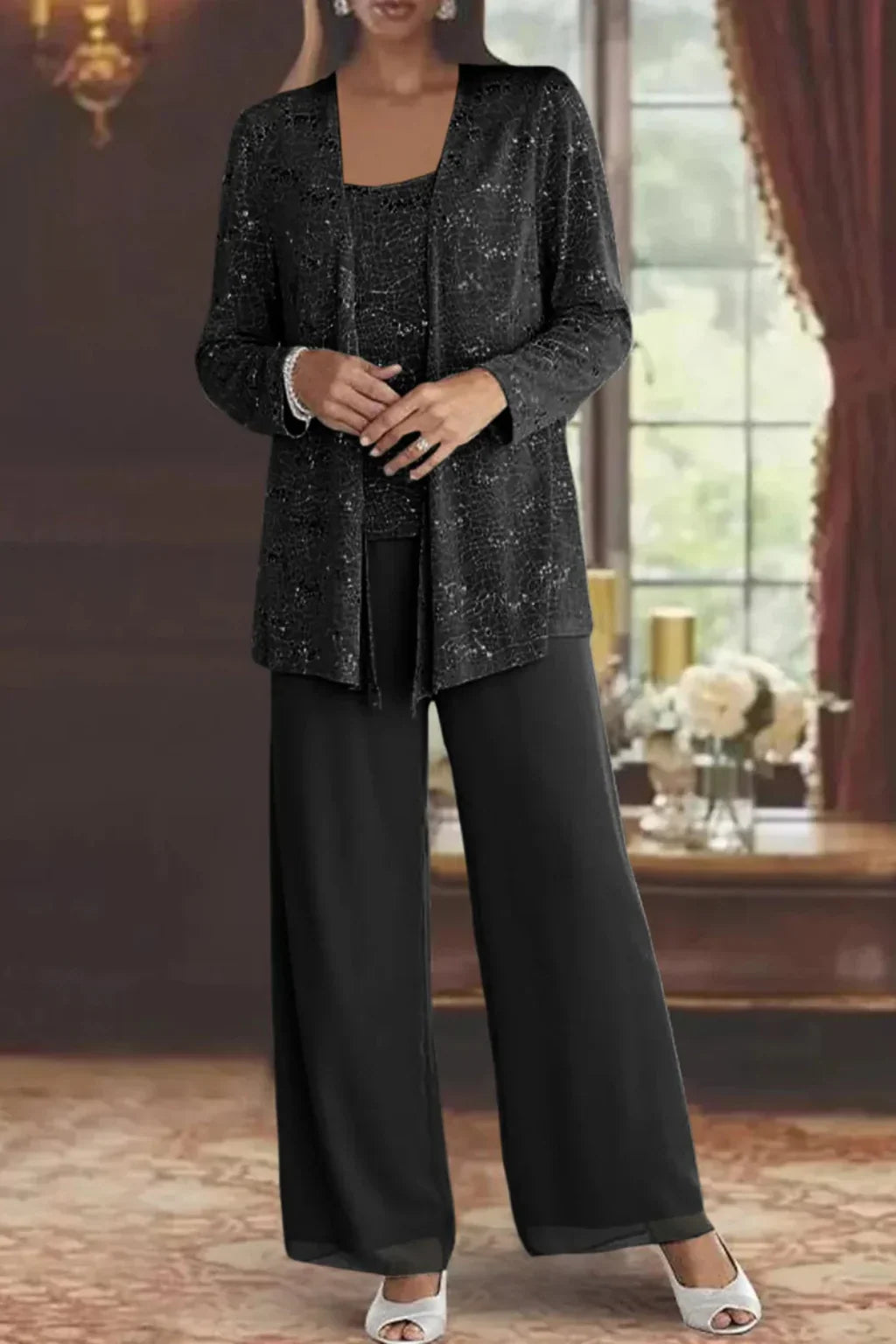 Evie – Sequin Lace Three Piece Pant Suit | Wide Leg Wedding Guest