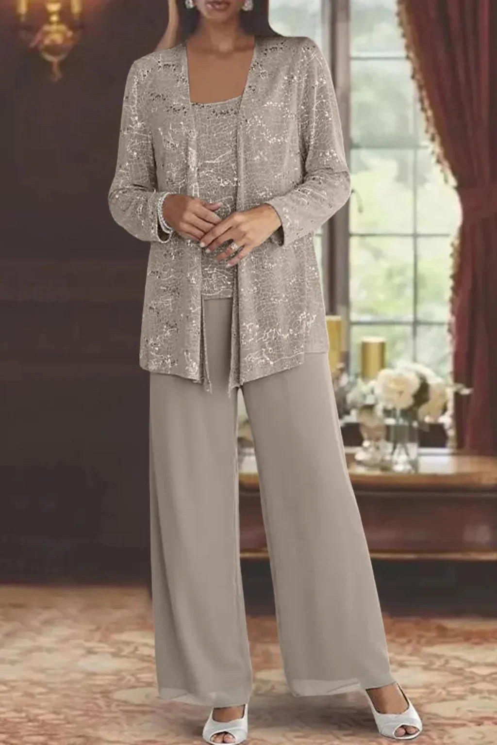 Evie – Sequin Lace Three Piece Pant Suit | Wide Leg Wedding Guest