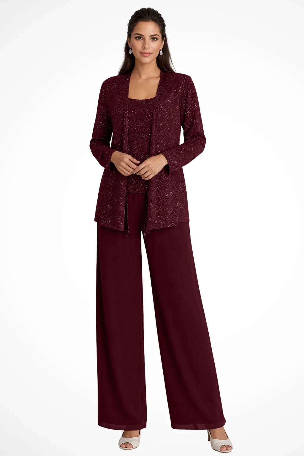 Evie – Sequin Lace Three Piece Pant Suit | Wide Leg Wedding Guest