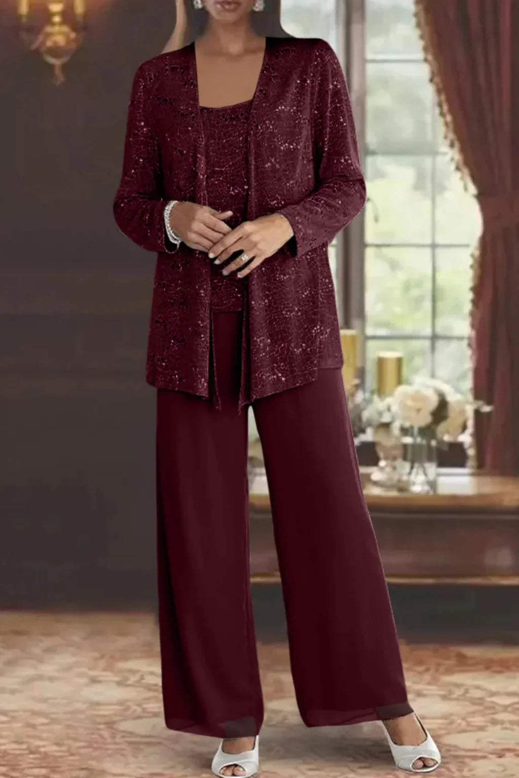 Evie – Sequin Lace Three Piece Pant Suit | Wide Leg Wedding Guest