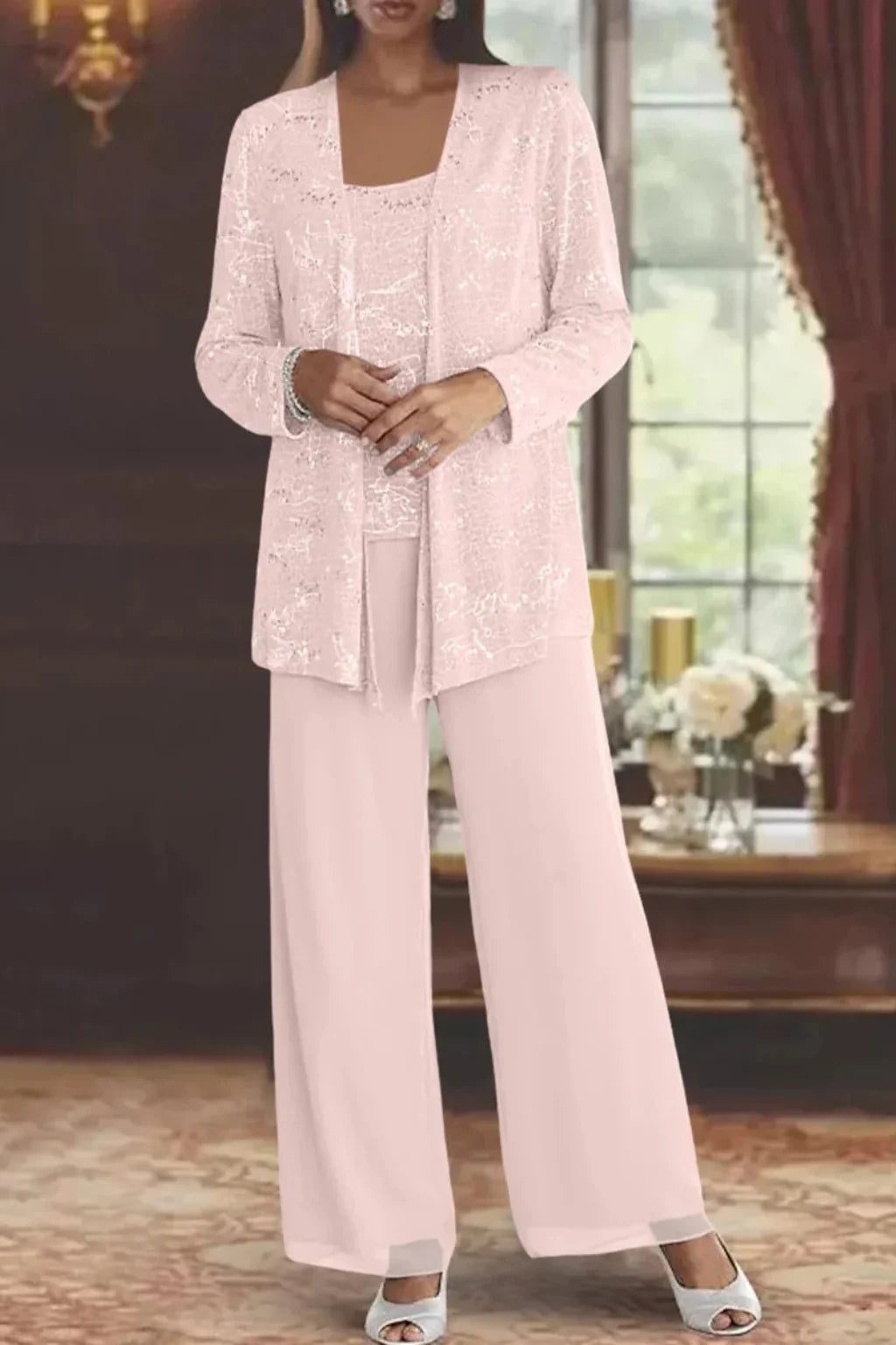 Evie – Sequin Lace Three Piece Pant Suit | Wide Leg Wedding Guest