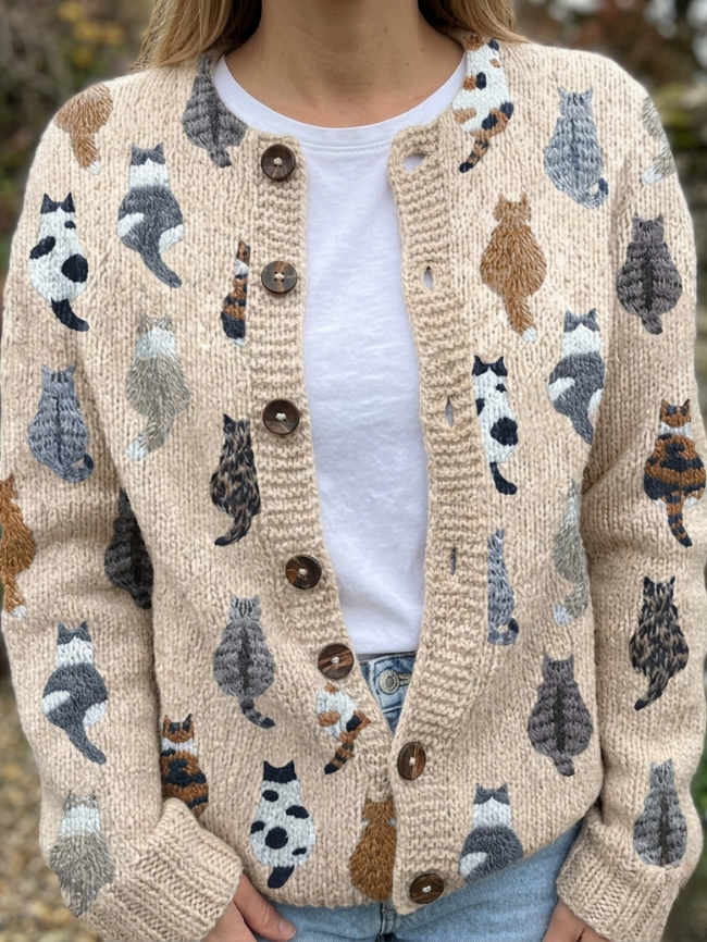 Teresa – Cat Pattern Button Front Cardigan | Soft Knit Layer