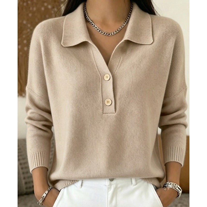 Eliza – Polo Collar Knit Sweater | Relaxed Button Neck Pullover
