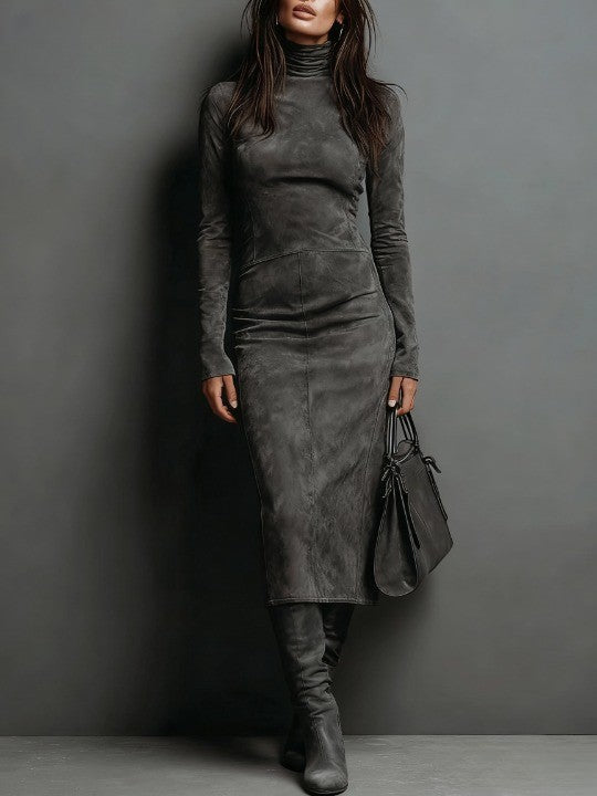 Mildred – Faux Suede High Neck Midi Dress | Long Sleeve Slim Fit