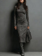 Mildred – Faux Suede High Neck Midi Dress | Long Sleeve Slim Fit