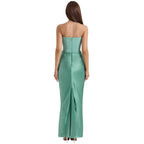 Back view strapless corset evening dress, sage green satin maxi length