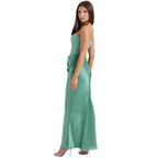 Strapless corset evening dress, sage green satin maxi, side view