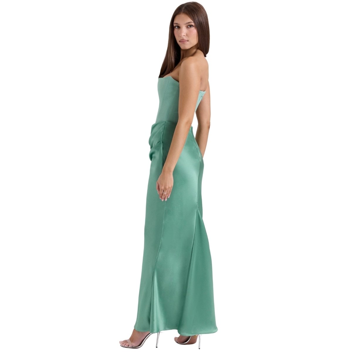 Strapless corset evening dress, sage green satin maxi, side view