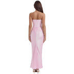 Back view strapless corset evening dress, light pink satin maxi with center seam