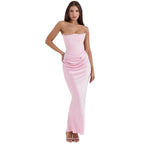 Strapless corset evening dress, light pink satin maxi with ruched drape