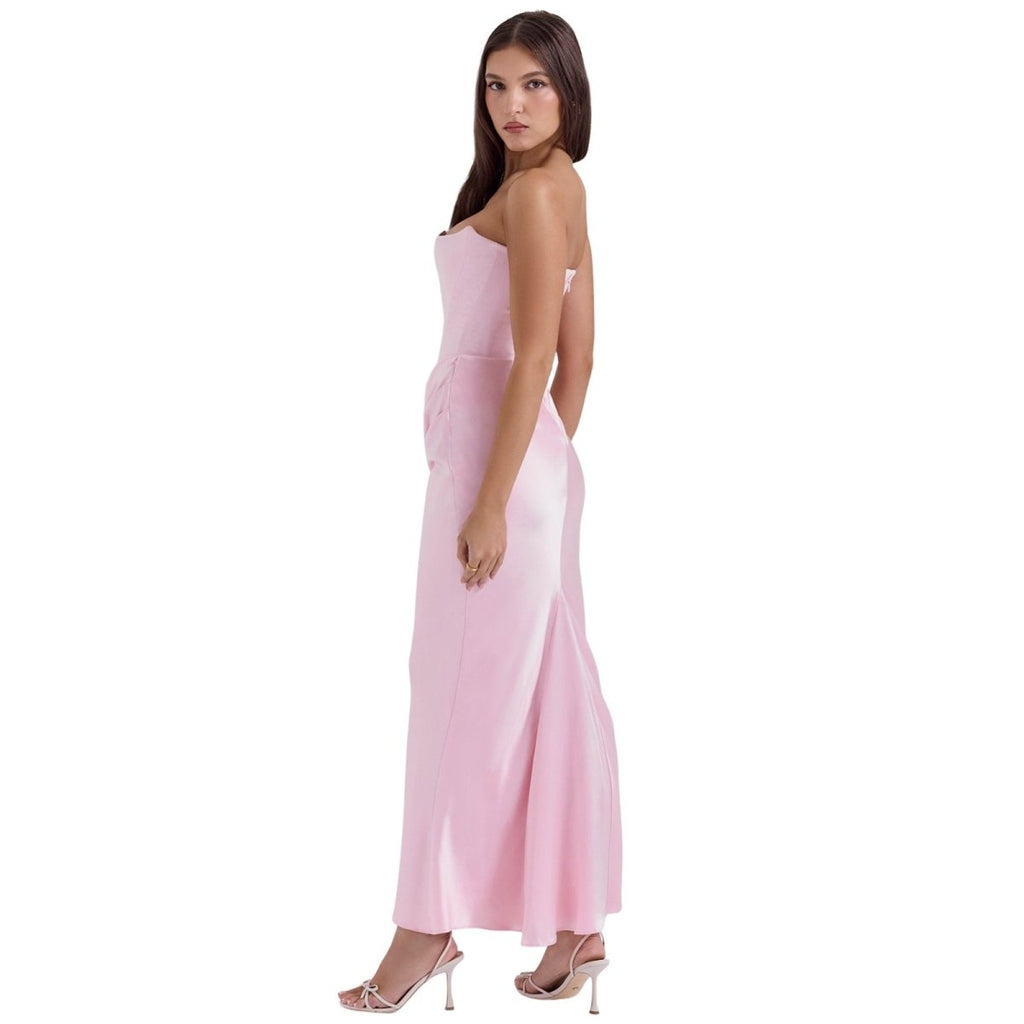 Strapless corset evening dress, light pink satin maxi, three-quarter side view