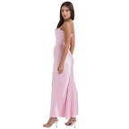 Strapless corset evening dress, light pink satin maxi, three-quarter side view