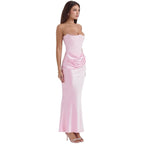 Strapless corset evening dress, light pink satin maxi with draped waist